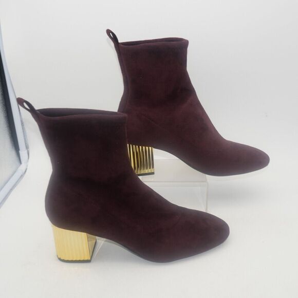 NEW Michael Kors Woman's 7.5 Porter Boots Suede Merlot Burgundy Gold Block Heel - Picture 8 of 13